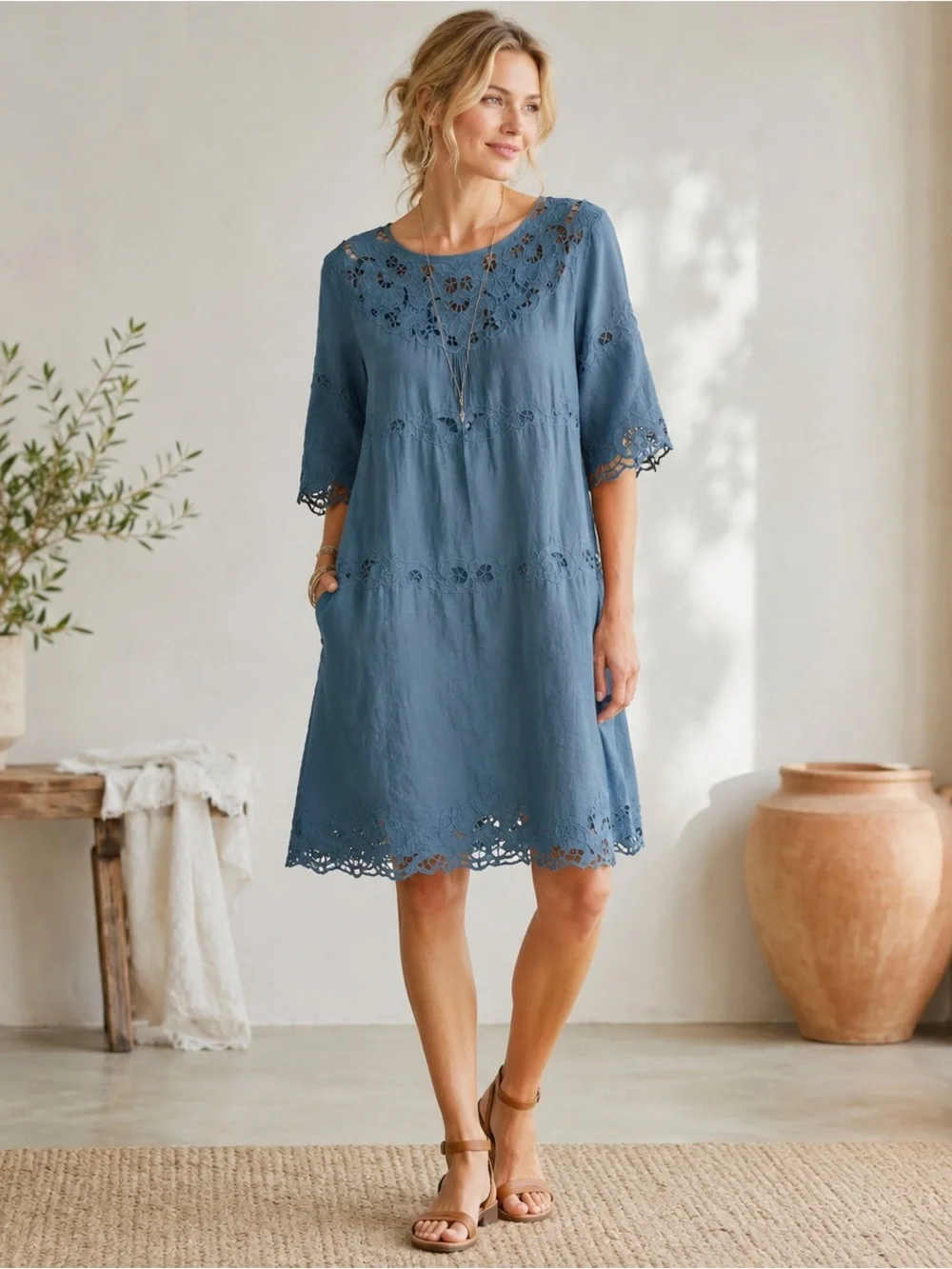 Sundance Blue Gray Embroidered Ramie Shift Dress XXL Boho Cutwork Lace Feminine